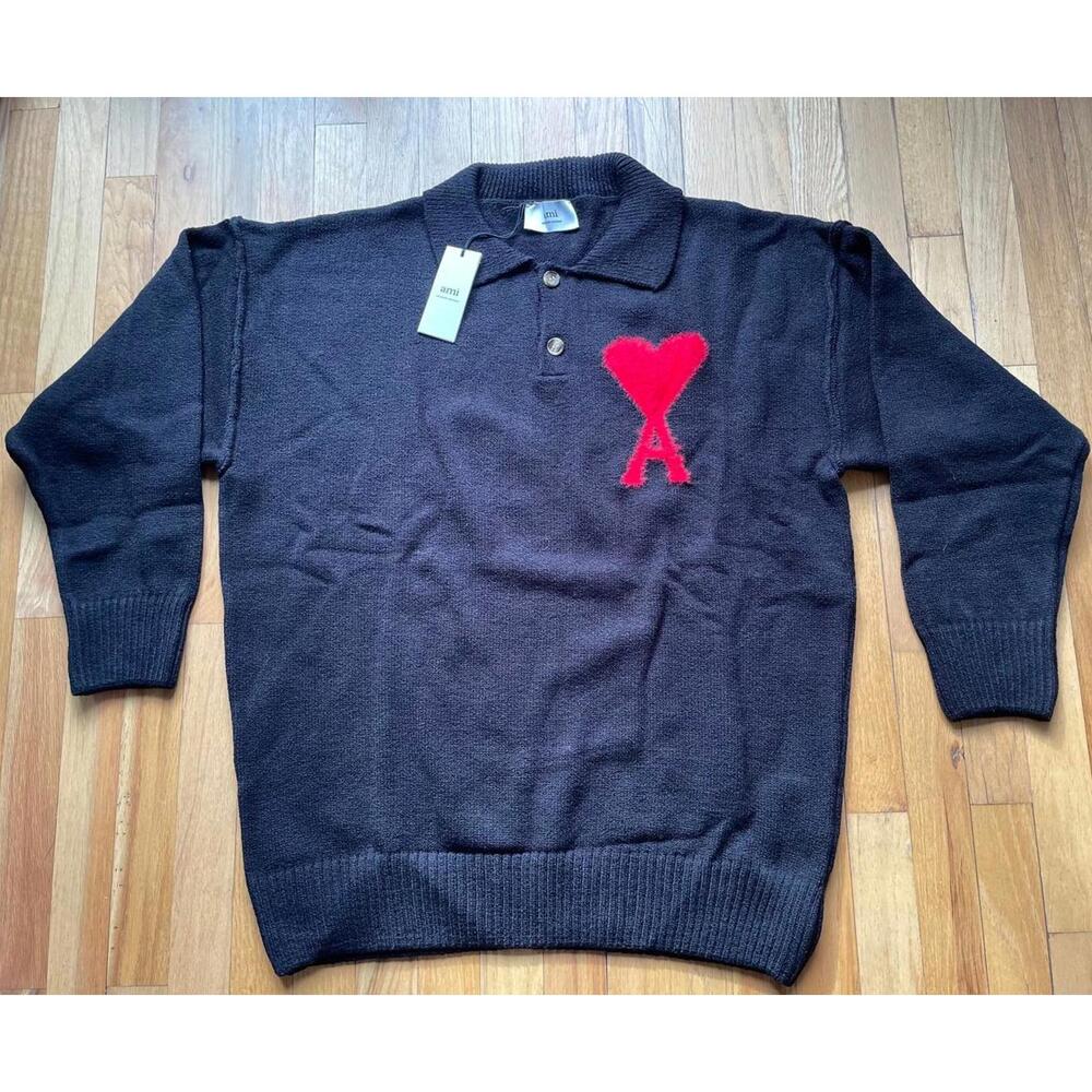 NWT AMI De Coeur XXL Black Polo Organic Cotton Jersey Sweater